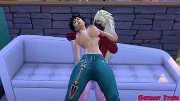 Play The girl with big breasts sits with her neck on the hammers of whom she adores